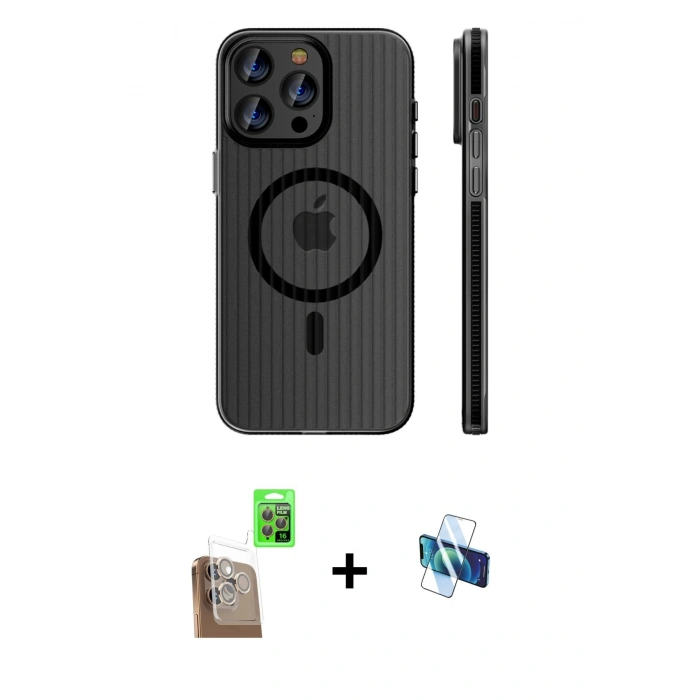 MARSİLYAN™- iPhone 16 Pro Kılıf Pusula Minimal Koleksiyonu - Siyah 3D Antistatik Seramik Nano Ekran Koruyucu + Çöl Titanyum Raze Metal Kamera Lens