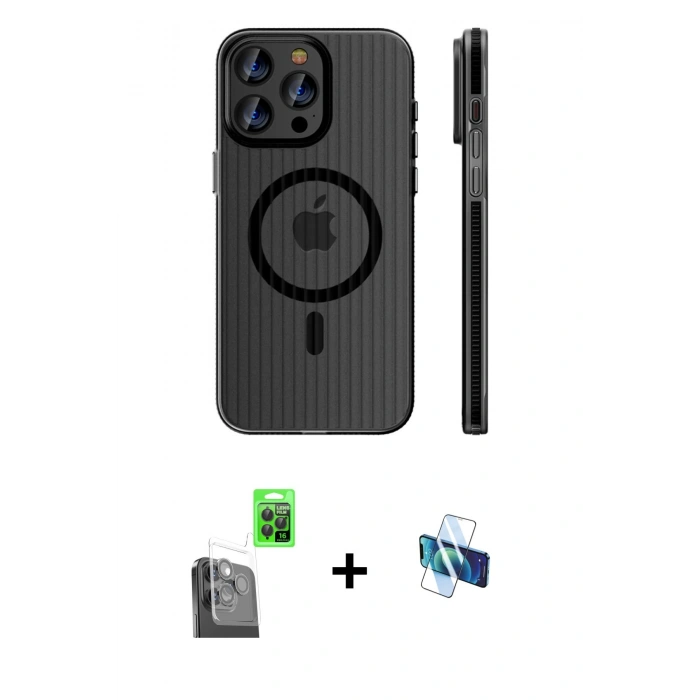 MARSİLYAN™- iPhone 16 Pro Kılıf Pusula Minimal Koleksiyonu - Siyah 3D Antistatik Seramik Nano Ekran Koruyucu + Raze Metal Kamera Lens - SH
