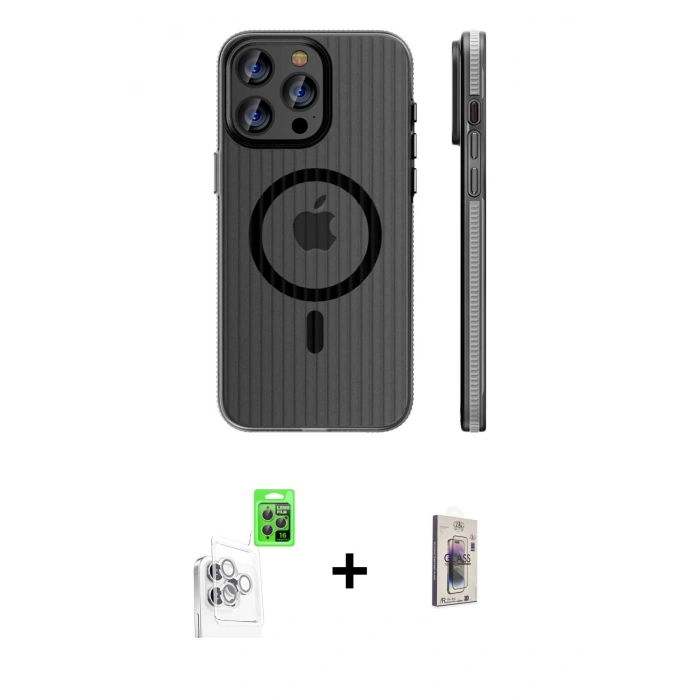 MARSİLYAN™- iPhone 16 Pro Kılıf Pusula Minimal Koleksiyonu - Siyah Bilvis 3D Cam Ekran Koruyucu + Beyaz Raze Metal Kamera Lens
