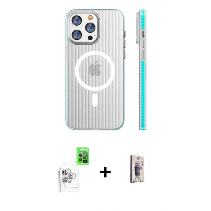 MARSİLYAN™- iPhone 16 Pro Kılıf Pusula Minimal Koleksiyonu - Siyah Bilvis 3D Cam Ekran Koruyucu + Beyaz Raze Metal Kamera Lens