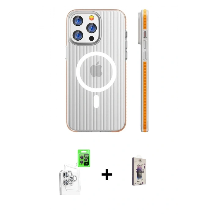 MARSİLYAN™- iPhone 16 Pro Kılıf Pusula Minimal Koleksiyonu - Siyah Bilvis 3D Cam Ekran Koruyucu + Beyaz Raze Metal Kamera Lens