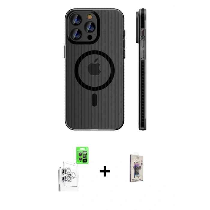 MARSİLYAN™- iPhone 16 Pro Kılıf Pusula Minimal Koleksiyonu - Siyah Bilvis 3D Cam Ekran Koruyucu + Beyaz Raze Metal Kamera Lens