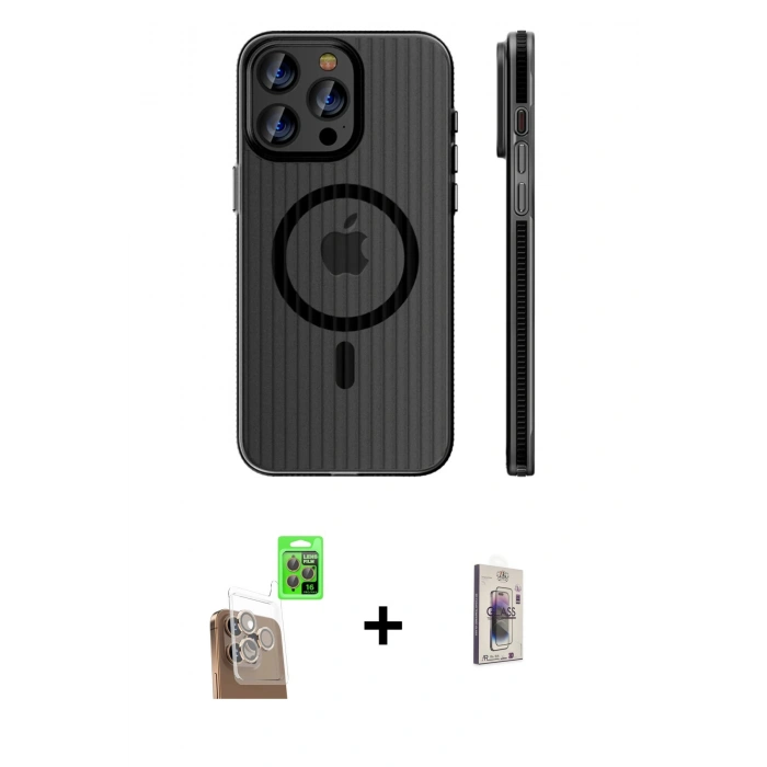 MARSİLYAN™- iPhone 16 Pro Kılıf Pusula Minimal Koleksiyonu - Siyah Bilvis 3D Cam Ekran Koruyucu + Raze Metal Kamera Lens - CLTM