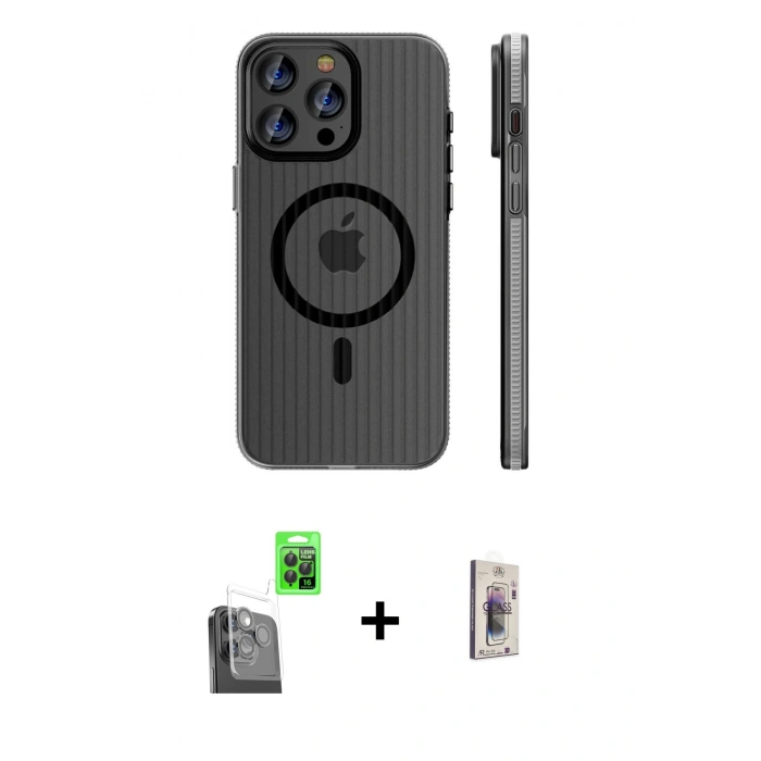 MARSİLYAN™- iPhone 16 Pro Kılıf Pusula Minimal Koleksiyonu - Siyah Bilvis 3D Cam Ekran Koruyucu + Raze Metal Kamera Lens - SH