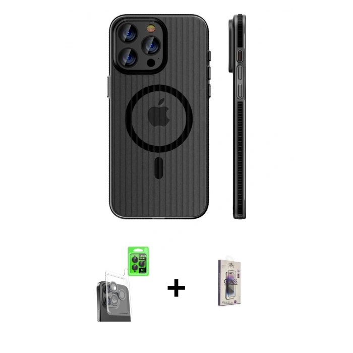 MARSİLYAN™- iPhone 16 Pro Kılıf Pusula Minimal Koleksiyonu - Siyah Bilvis 3D Cam Ekran Koruyucu + Raze Metal Kamera Lens - SH