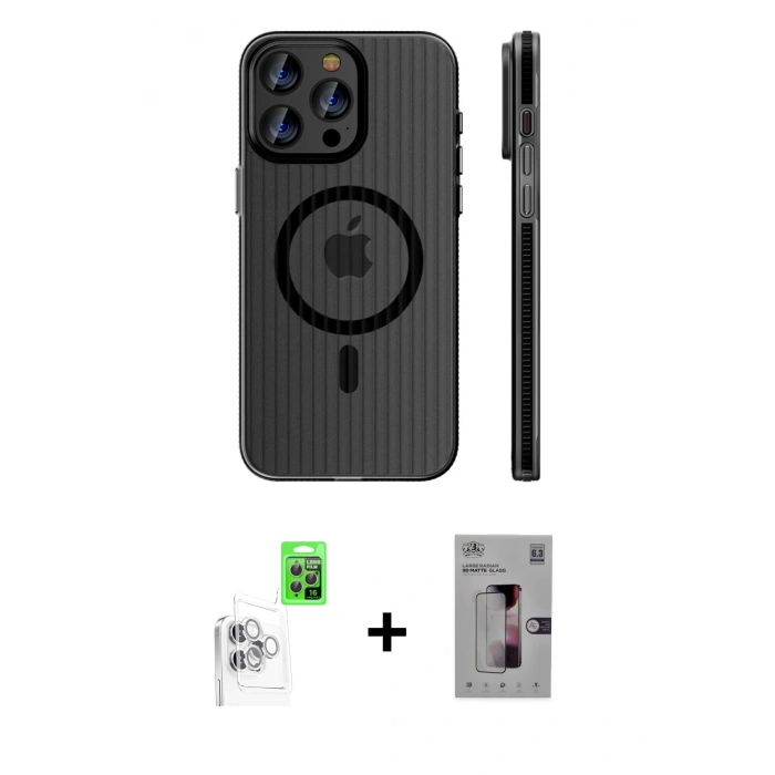 MARSİLYAN™- iPhone 16 Pro Kılıf Pusula Minimal Koleksiyonu - Siyah Bilvis 3D Mat Cam Ekran Koruyucu + Raze Metal Kamera Lens - BZ