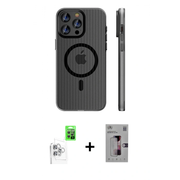 MARSİLYAN™- iPhone 16 Pro Kılıf Pusula Minimal Koleksiyonu - Siyah Bilvis 3D Mat Cam Ekran Koruyucu + Raze Metal Kamera Lens - BZ