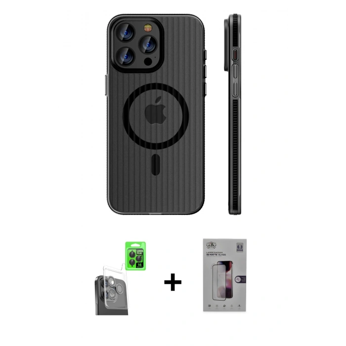 MARSİLYAN™- iPhone 16 Pro Kılıf Pusula Minimal Koleksiyonu - Siyah Bilvis 3D Mat Cam Ekran Koruyucu + Raze Metal Kamera Lens - SH