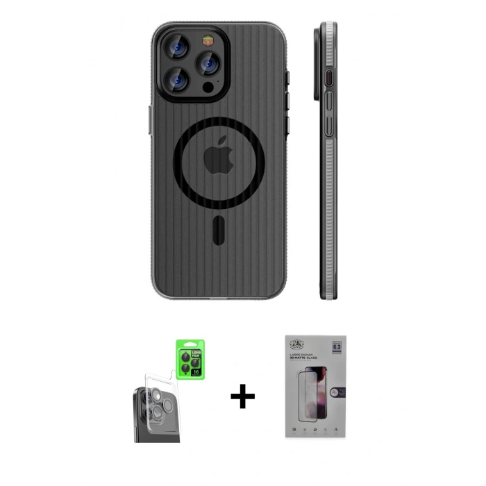MARSİLYAN™- iPhone 16 Pro Kılıf Pusula Minimal Koleksiyonu - Siyah Bilvis 3D Mat Cam Ekran Koruyucu + Raze Metal Kamera Lens - SH