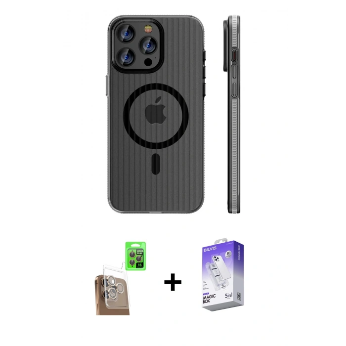 MARSİLYAN™- iPhone 16 Pro Kılıf Pusula Minimal Koleksiyonu - Siyah Bilvis 5in1 3D Magic Cam Ekran Koruyucu + Raze Metal Kamera Lens - CLTM