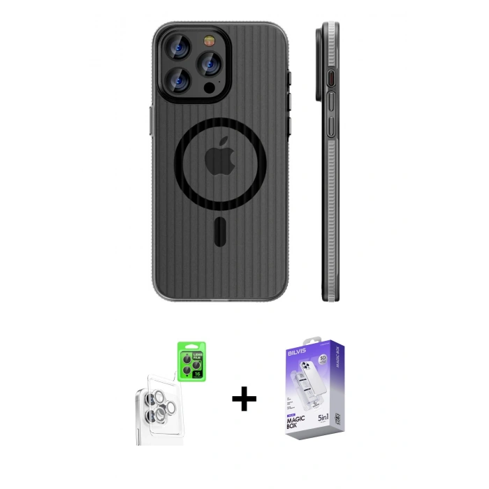 MARSİLYAN™- iPhone 16 Pro Kılıf Pusula Minimal Koleksiyonu - Siyah Bilvis 5in1 3D Magic Cam Ekran Koruyucu + Raze Metal Kamera Lens - BZ