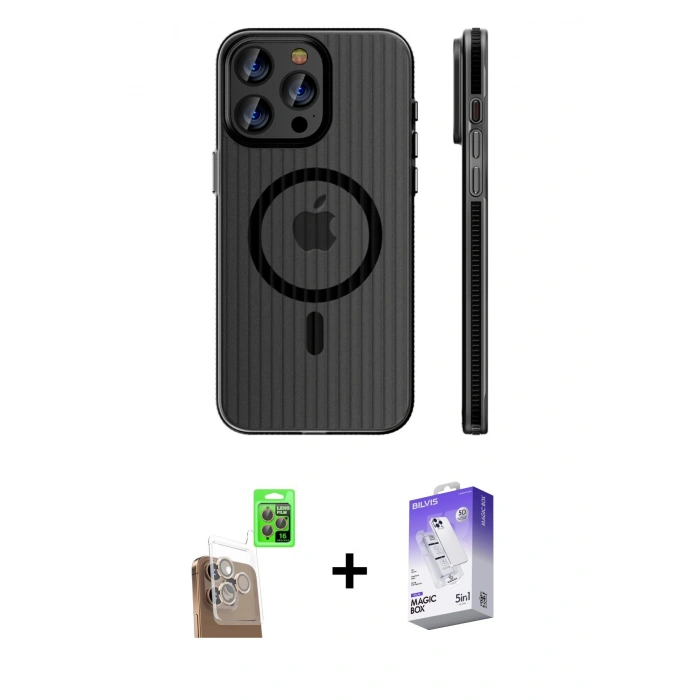 MARSİLYAN™- iPhone 16 Pro Kılıf Pusula Minimal Koleksiyonu - Siyah Bilvis 5in1 3D Magic Cam Ekran Koruyucu + Raze Metal Kamera Lens - CLTM
