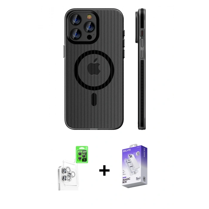 MARSİLYAN™- iPhone 16 Pro Kılıf Pusula Minimal Koleksiyonu - Siyah Bilvis 5in1 3D Magic Cam Ekran Koruyucu + Raze Metal Kamera Lens - BZ