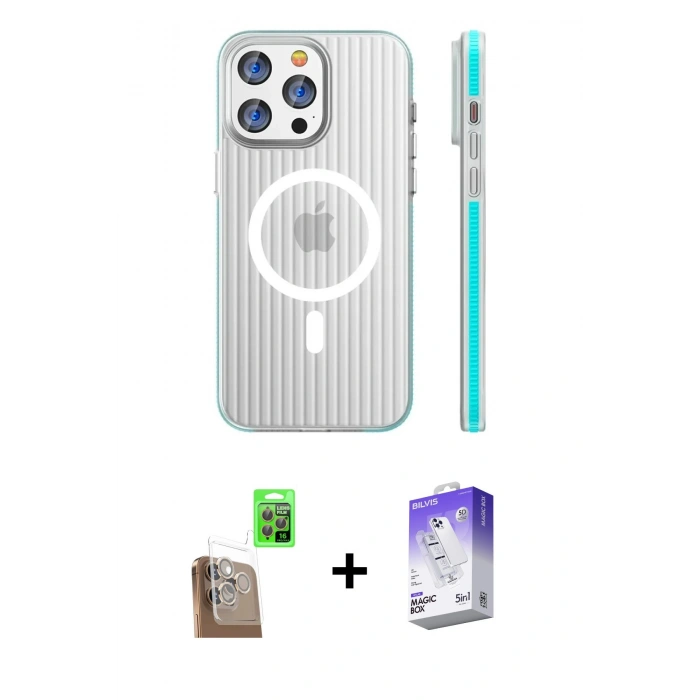 MARSİLYAN™- iPhone 16 Pro Kılıf Pusula Minimal Koleksiyonu - Siyah Bilvis 5in1 3D Magic Cam Ekran Koruyucu + Raze Metal Kamera Lens - CLTM