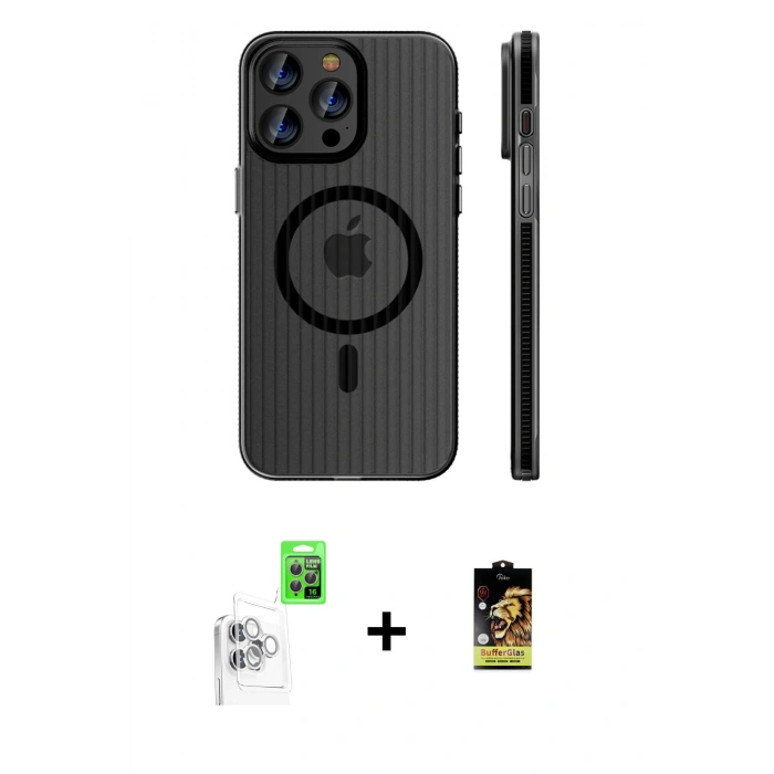 MARSİLYAN™- iPhone 16 Pro Kılıf Pusula Minimal Koleksiyonu - Siyah Buffer Cam Ekran Koruyucu + Beyaz Raze Metal Kamera Lens