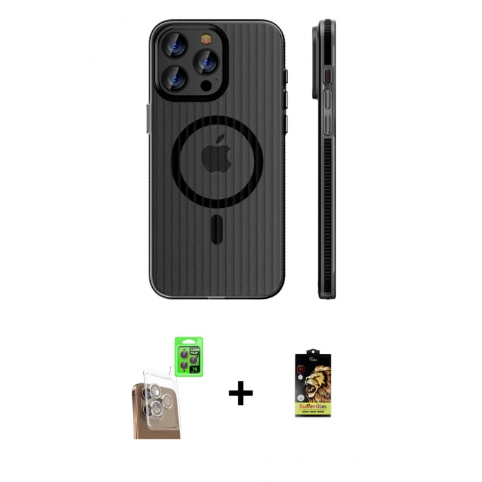 MARSİLYAN™- iPhone 16 Pro Kılıf Pusula Minimal Koleksiyonu - Siyah Buffer Cam Ekran Koruyucu + Raze Metal Kamera Lens - CLTM