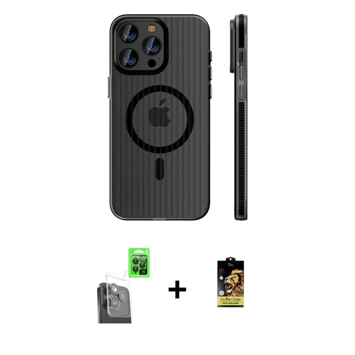 MARSİLYAN™- iPhone 16 Pro Kılıf Pusula Minimal Koleksiyonu - Siyah Buffer Cam Ekran Koruyucu + Raze Metal Kamera Lens - SH