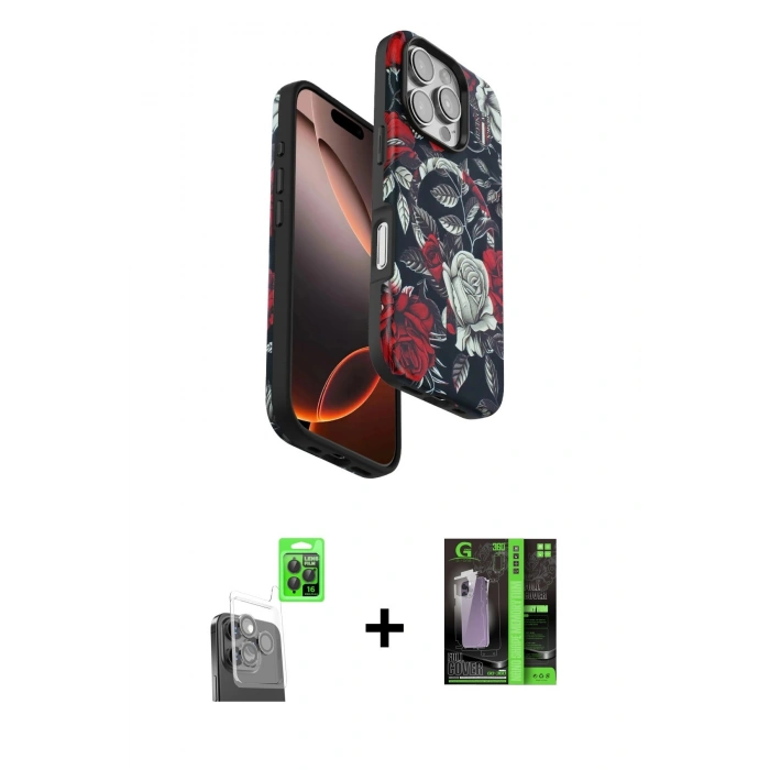 MARSİLYAN™- iPhone 16 Pro Kılıf Siluet Doku - Şeffaf 360 Full Body Arka Koruyucu + Raze Metal Kamera Lens - SH