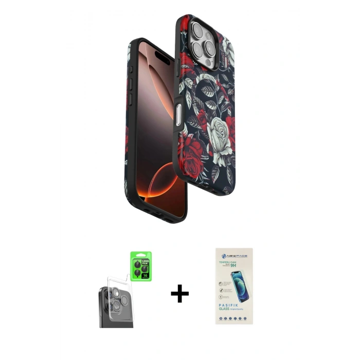 MARSİLYAN™- iPhone 16 Pro Kılıf Siluet Doku - Şeffaf Pasifik Cam Ekran Koruyucu + Raze Metal Kamera Lens - SH