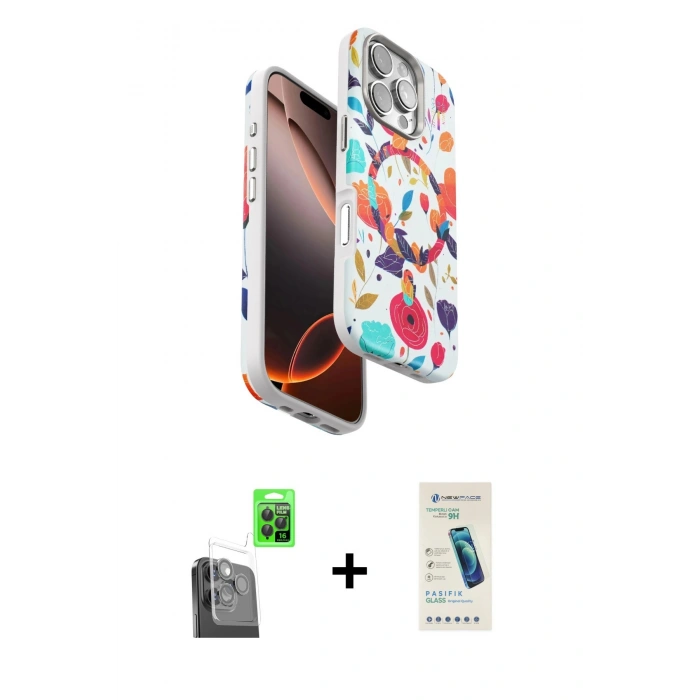 MARSİLYAN™- iPhone 16 Pro Kılıf Siluet Doku - Şeffaf Pasifik Cam Ekran Koruyucu + Raze Metal Kamera Lens - SH