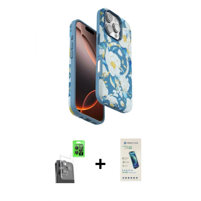 MARSİLYAN™- iPhone 16 Pro Kılıf Siluet Doku - Şeffaf Pasifik Cam Ekran Koruyucu + Raze Metal Kamera Lens - SH