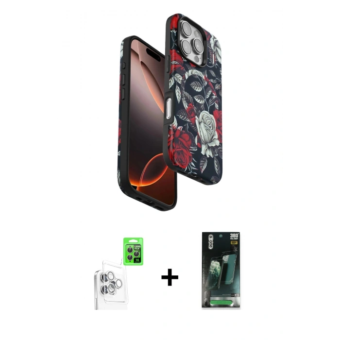 MARSİLYAN™- iPhone 16 Pro Kılıf Siluet Doku - Siyah 360 Mat Full Body Arka Koruyucu + Raze Metal Kamera Lens - BZ