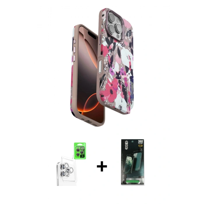 MARSİLYAN™- iPhone 16 Pro Kılıf Siluet Doku - Siyah 360 Mat Full Body Arka Koruyucu + Raze Metal Kamera Lens - BZ
