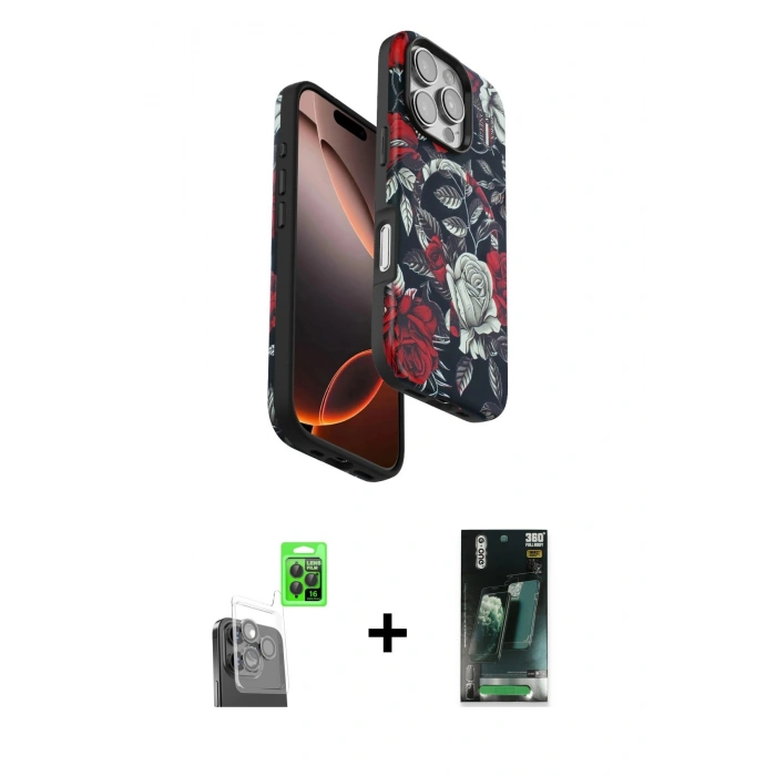 MARSİLYAN™- iPhone 16 Pro Kılıf Siluet Doku - Siyah 360 Mat Full Body Arka Koruyucu + Raze Metal Kamera Lens - SH
