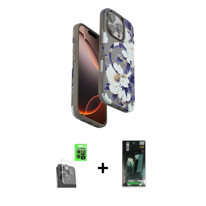 MARSİLYAN™- iPhone 16 Pro Kılıf Siluet Doku - Siyah 360 Mat Full Body Arka Koruyucu + Raze Metal Kamera Lens - SH