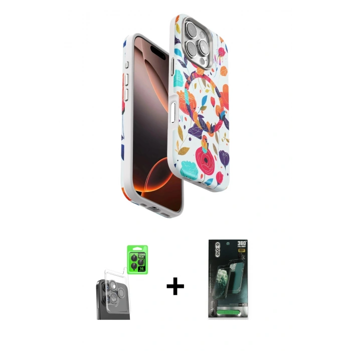 MARSİLYAN™- iPhone 16 Pro Kılıf Siluet Doku - Siyah 360 Mat Full Body Arka Koruyucu + Raze Metal Kamera Lens - SH