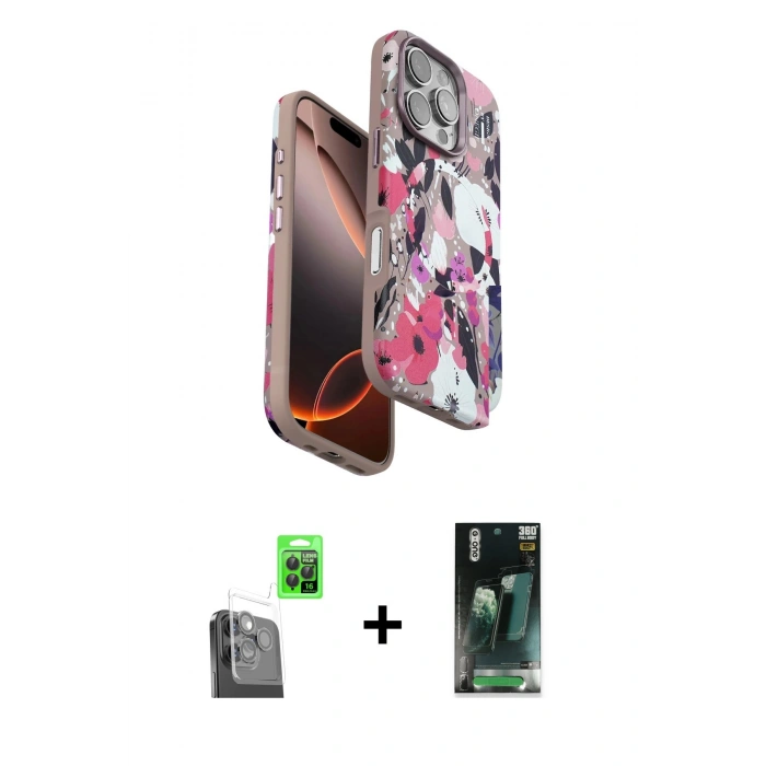 MARSİLYAN™- iPhone 16 Pro Kılıf Siluet Doku - Siyah 360 Mat Full Body Arka Koruyucu + Raze Metal Kamera Lens - SH