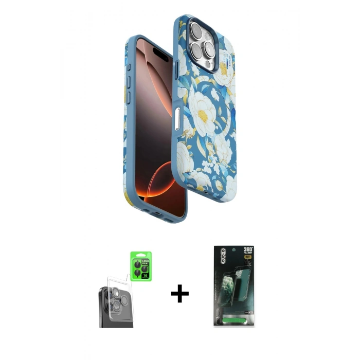 MARSİLYAN™- iPhone 16 Pro Kılıf Siluet Doku - Siyah 360 Mat Full Body Arka Koruyucu + Raze Metal Kamera Lens - SH