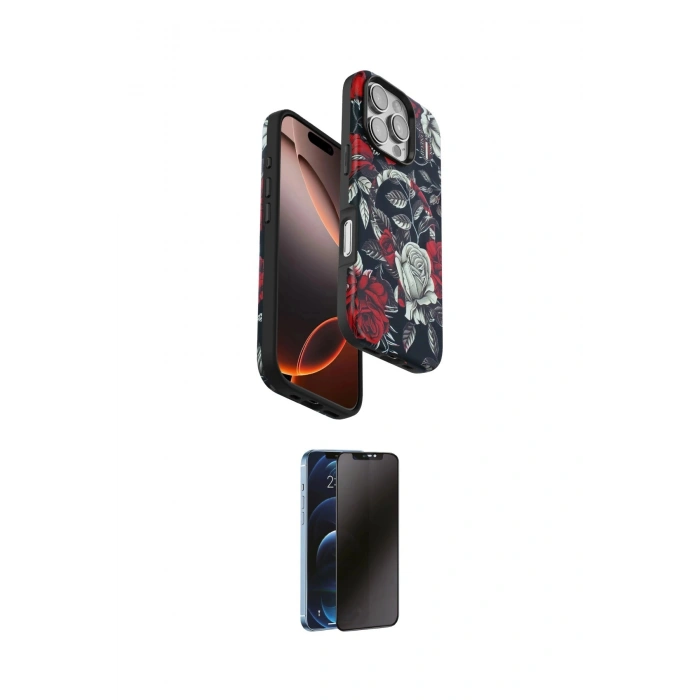 MARSİLYAN™- iPhone 16 Pro Kılıf Siluet Doku - Siyah 3D Antistatik Hayalet Cam Ekran Koruyucu
