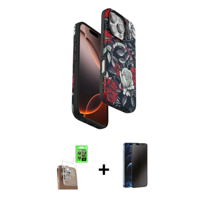 MARSİLYAN™- iPhone 16 Pro Kılıf Siluet Doku - Siyah 3D Antistatik Hayalet Cam Ekran Koruyucu + Raze Metal Kamera Lens - CLTM