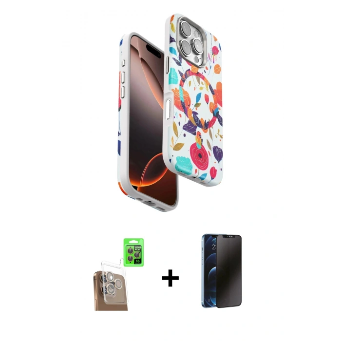 MARSİLYAN™- iPhone 16 Pro Kılıf Siluet Doku - Siyah 3D Antistatik Hayalet Cam Ekran Koruyucu + Raze Metal Kamera Lens - CLTM