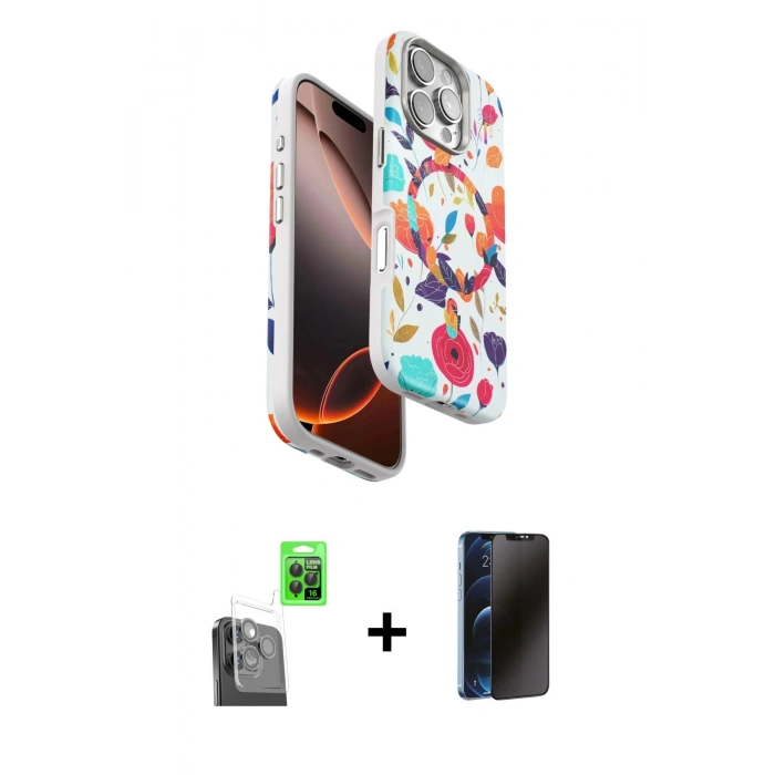 MARSİLYAN™- iPhone 16 Pro Kılıf Siluet Doku - Siyah 3D Antistatik Hayalet Cam Ekran Koruyucu + Raze Metal Kamera Lens - SH