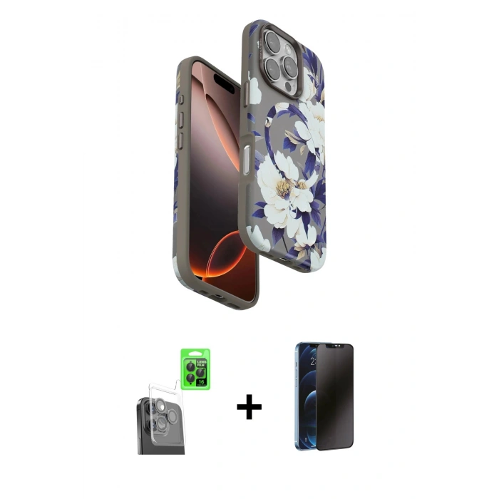 MARSİLYAN™- iPhone 16 Pro Kılıf Siluet Doku - Siyah 3D Antistatik Hayalet Cam Ekran Koruyucu + Raze Metal Kamera Lens - SH