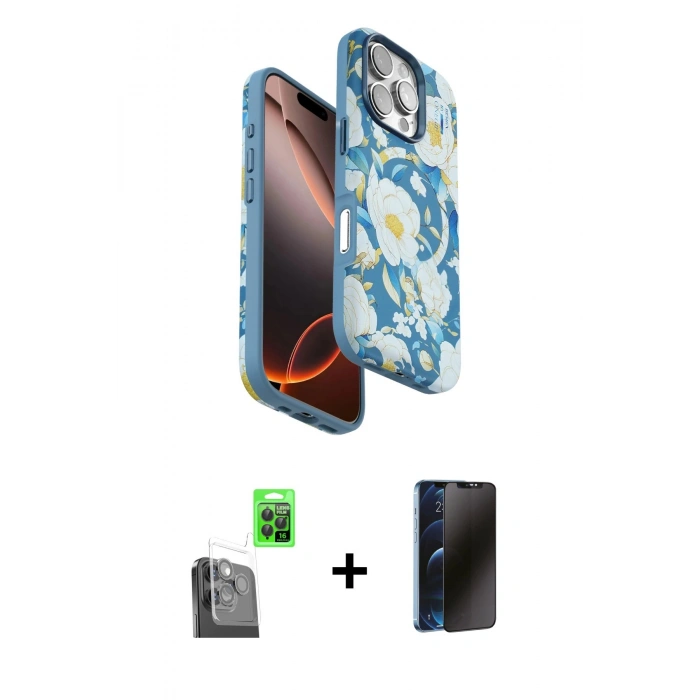 MARSİLYAN™- iPhone 16 Pro Kılıf Siluet Doku - Siyah 3D Antistatik Hayalet Cam Ekran Koruyucu + Raze Metal Kamera Lens - SH