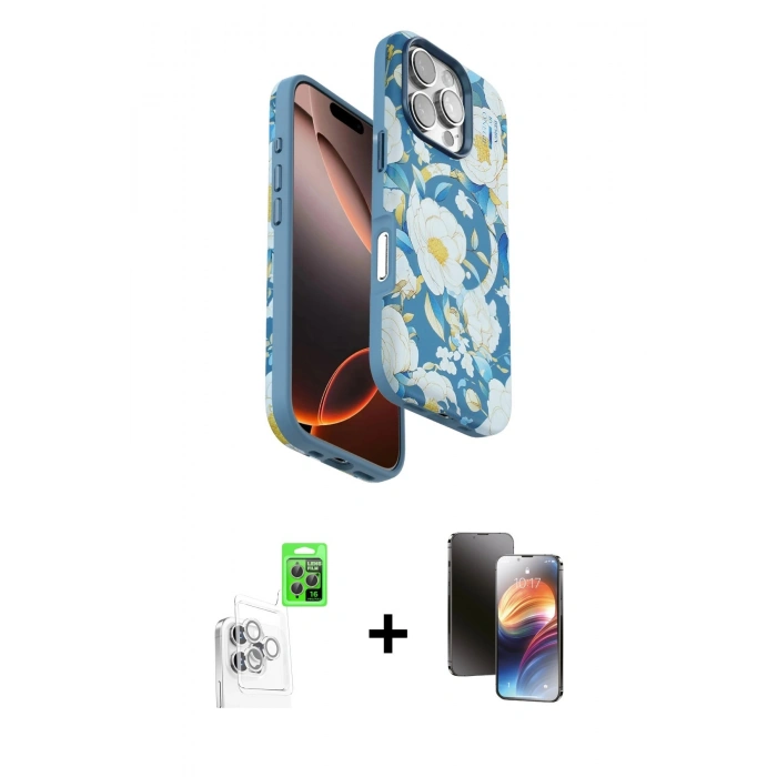 MARSİLYAN™- iPhone 16 Pro Kılıf Siluet Doku - Siyah 3D Antistatik Mat Seramik Nano Ekran Koruyucu + Raze Metal Kamera Lens - BZ