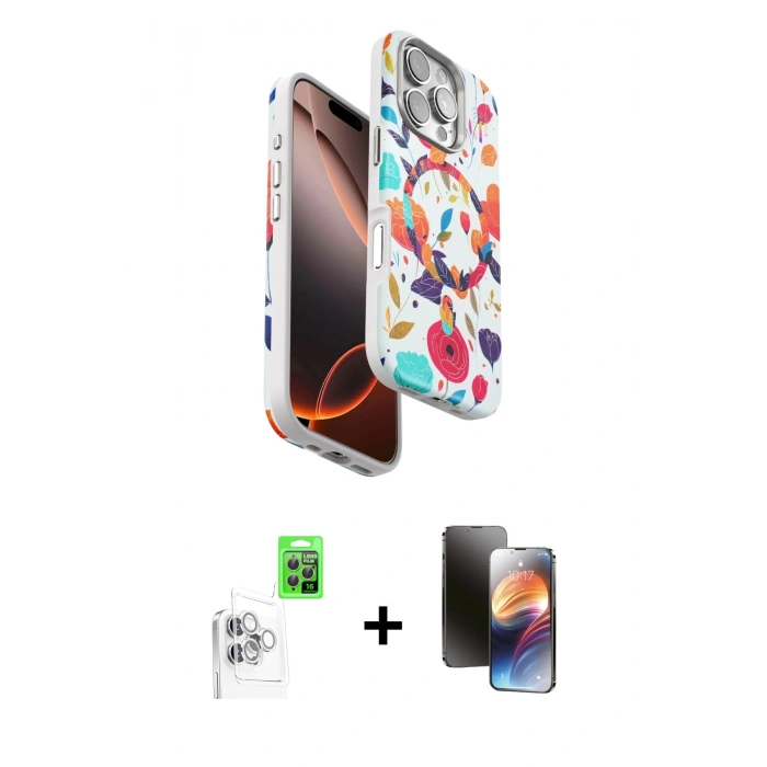 MARSİLYAN™- iPhone 16 Pro Kılıf Siluet Doku - Siyah 3D Antistatik Mat Seramik Nano Ekran Koruyucu + Raze Metal Kamera Lens - BZ