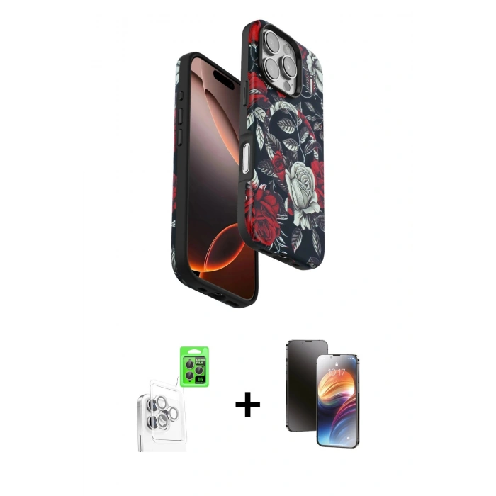 MARSİLYAN™- iPhone 16 Pro Kılıf Siluet Doku - Siyah 3D Antistatik Mat Seramik Nano Ekran Koruyucu + Raze Metal Kamera Lens - BZ