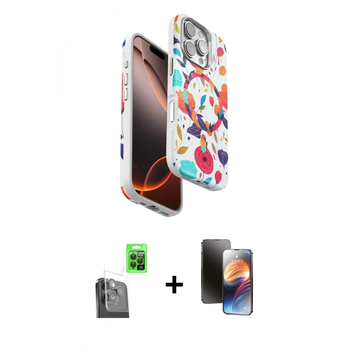 MARSİLYAN™- iPhone 16 Pro Kılıf Siluet Doku - Siyah 3D Antistatik Mat Seramik Nano Ekran Koruyucu + Raze Metal Kamera Lens - SH