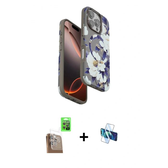 MARSİLYAN™- iPhone 16 Pro Kılıf Siluet Doku - Siyah 3D Antistatik Seramik Nano Ekran Koruyucu + Çöl Titanyum Raze Metal Kamera Lens