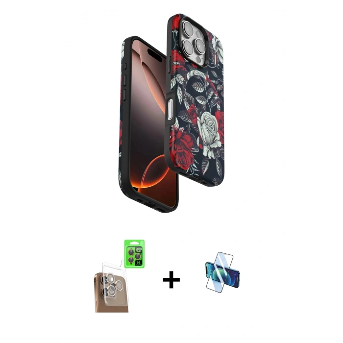MARSİLYAN™- iPhone 16 Pro Kılıf Siluet Doku - Siyah 3D Antistatik Seramik Nano Ekran Koruyucu + Çöl Titanyum Raze Metal Kamera Lens