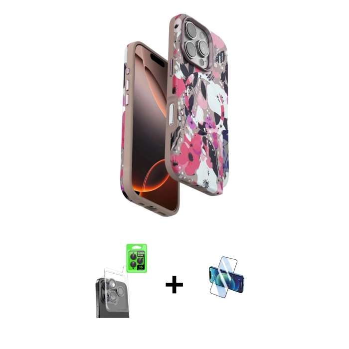 MARSİLYAN™- iPhone 16 Pro Kılıf Siluet Doku - Siyah 3D Antistatik Seramik Nano Ekran Koruyucu + Siyah Raze Metal Kamera Lens