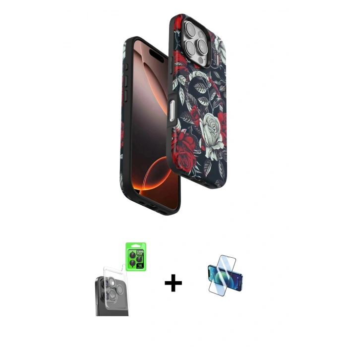 MARSİLYAN™- iPhone 16 Pro Kılıf Siluet Doku - Siyah 3D Antistatik Seramik Nano Ekran Koruyucu + Siyah Raze Metal Kamera Lens
