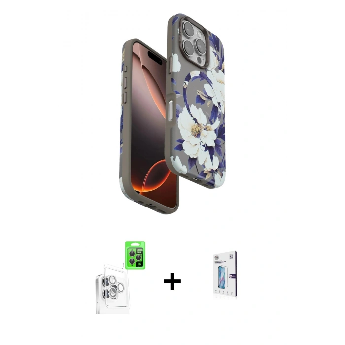 MARSİLYAN™- iPhone 16 Pro Kılıf Siluet Doku - Siyah Bilvis 0.18mm Plus Cam Ekran Koruyucu + Raze Metal Kamera Lens - BZ