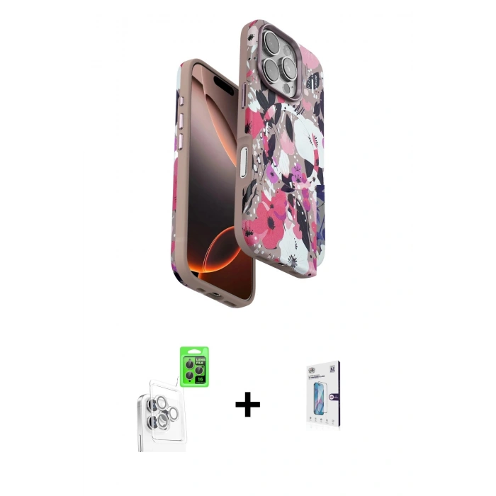 MARSİLYAN™- iPhone 16 Pro Kılıf Siluet Doku - Siyah Bilvis 0.18mm Plus Cam Ekran Koruyucu + Raze Metal Kamera Lens - BZ