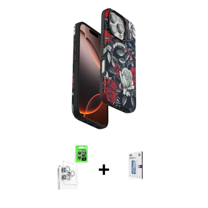 MARSİLYAN™- iPhone 16 Pro Kılıf Siluet Doku - Siyah Bilvis 0.18mm Plus Cam Ekran Koruyucu + Raze Metal Kamera Lens - BZ