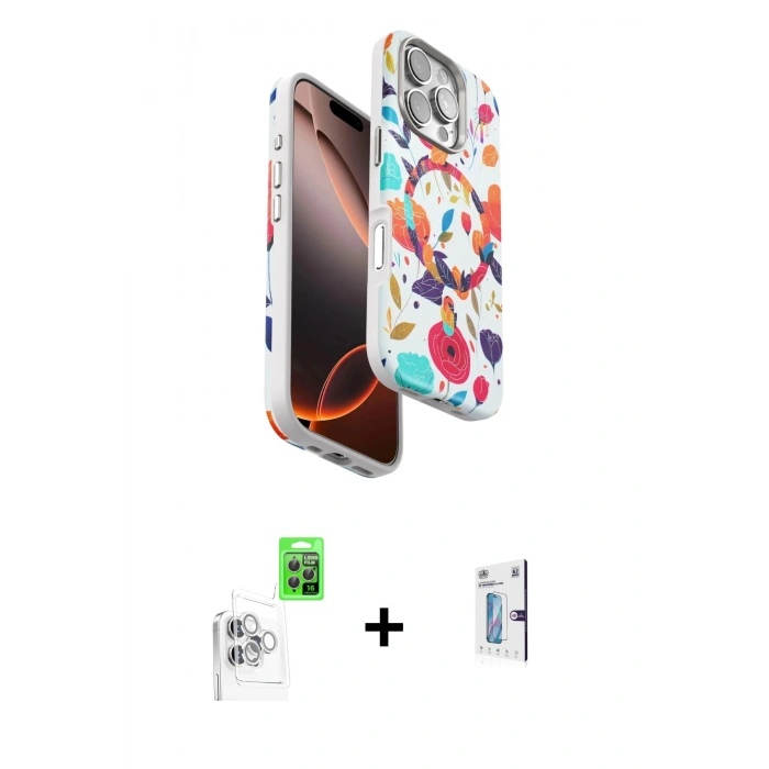 MARSİLYAN™- iPhone 16 Pro Kılıf Siluet Doku - Siyah Bilvis 0.18mm Plus Cam Ekran Koruyucu + Raze Metal Kamera Lens - BZ